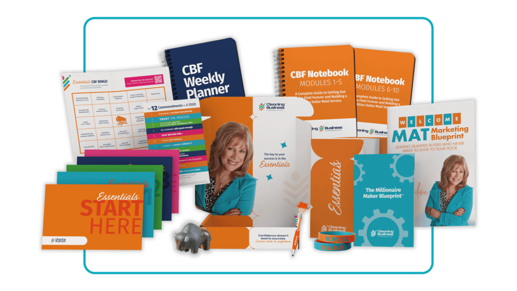display of the cleaning business fundamentals program kit including books, planner, and program guides